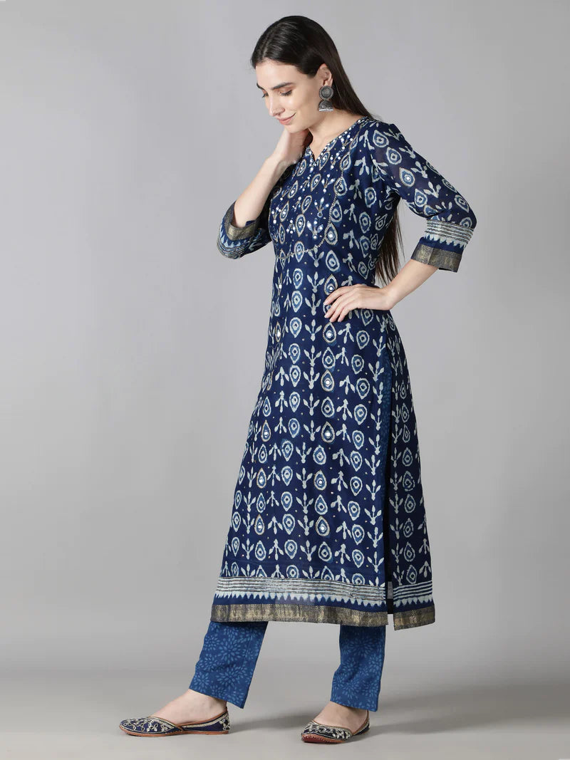 INDIGO BLUE WITH WHITE DEW DROP PRINT KURTA SET