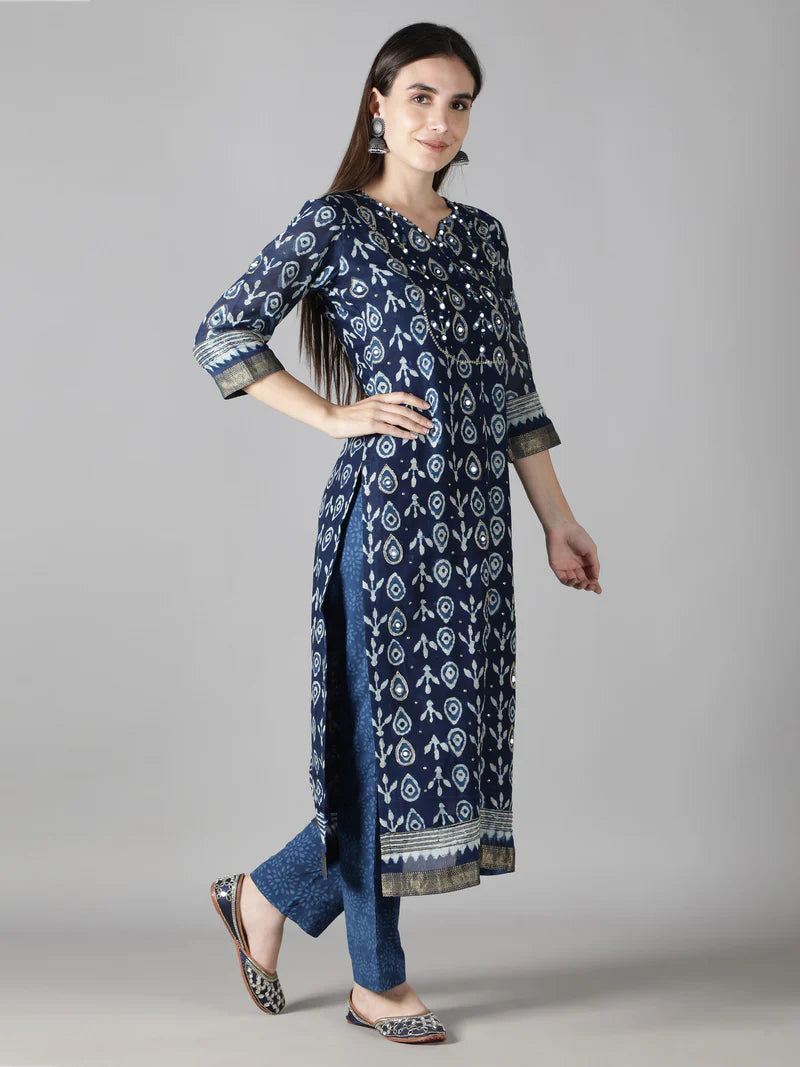 INDIGO BLUE WITH WHITE DEW DROP PRINT KURTA SET