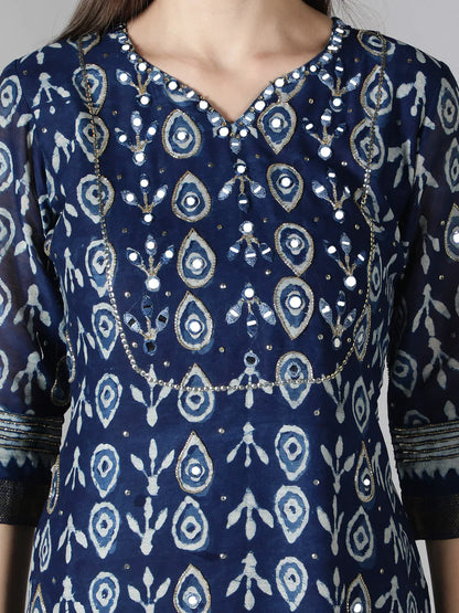 INDIGO BLUE WITH WHITE DEW DROP PRINT KURTA SET