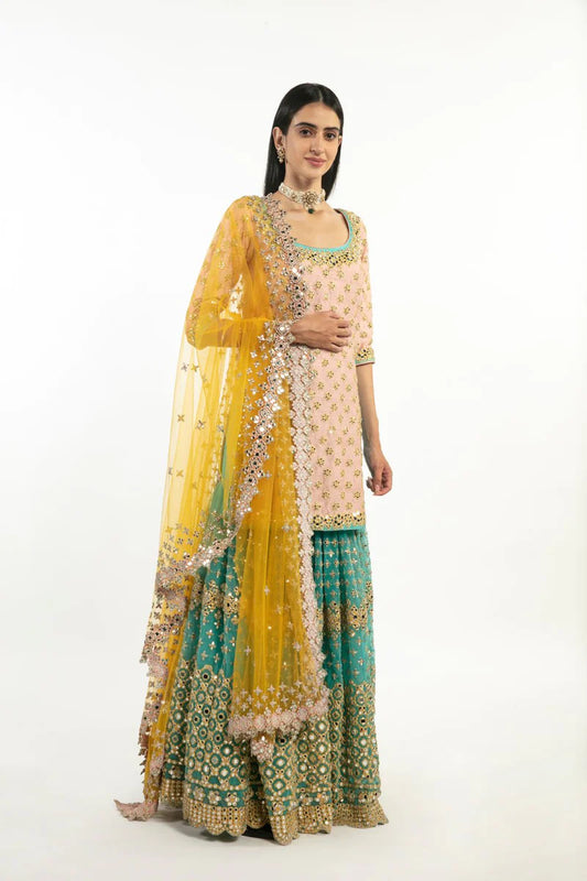 YELLOW, PEACH AND TURQUISE EMBELLISHED SHARARA SET