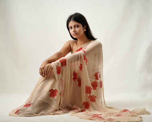 HALF-DAISIES CHIFFON SAREE IN CHEEKU BASE