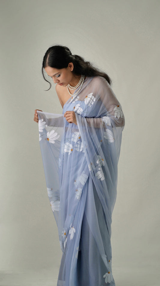 HALF-DAISIES CHIFFON SAREE IN ASH BLUE