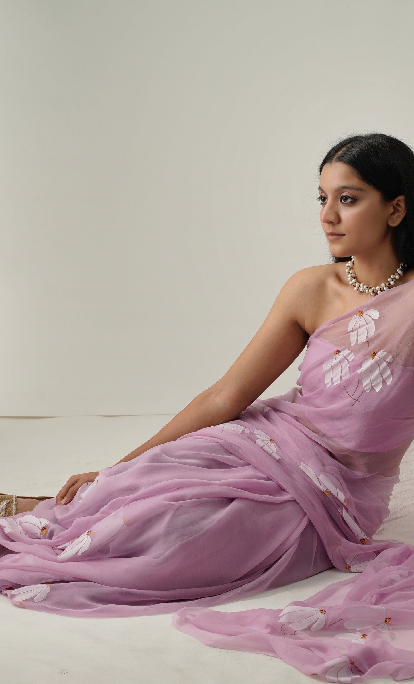 HALF-DAISIES CHIFFON SAREE IN LILAC