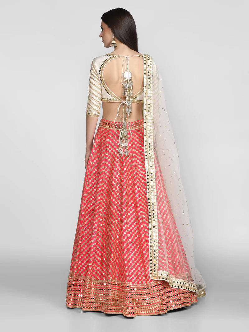 OFF WHITE AND PINK EMBELLISHED LEHENGA SET