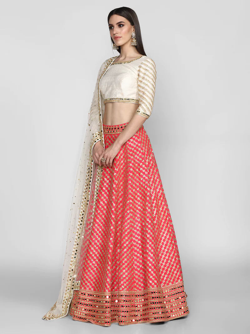 OFF WHITE AND PINK EMBELLISHED LEHENGA SET