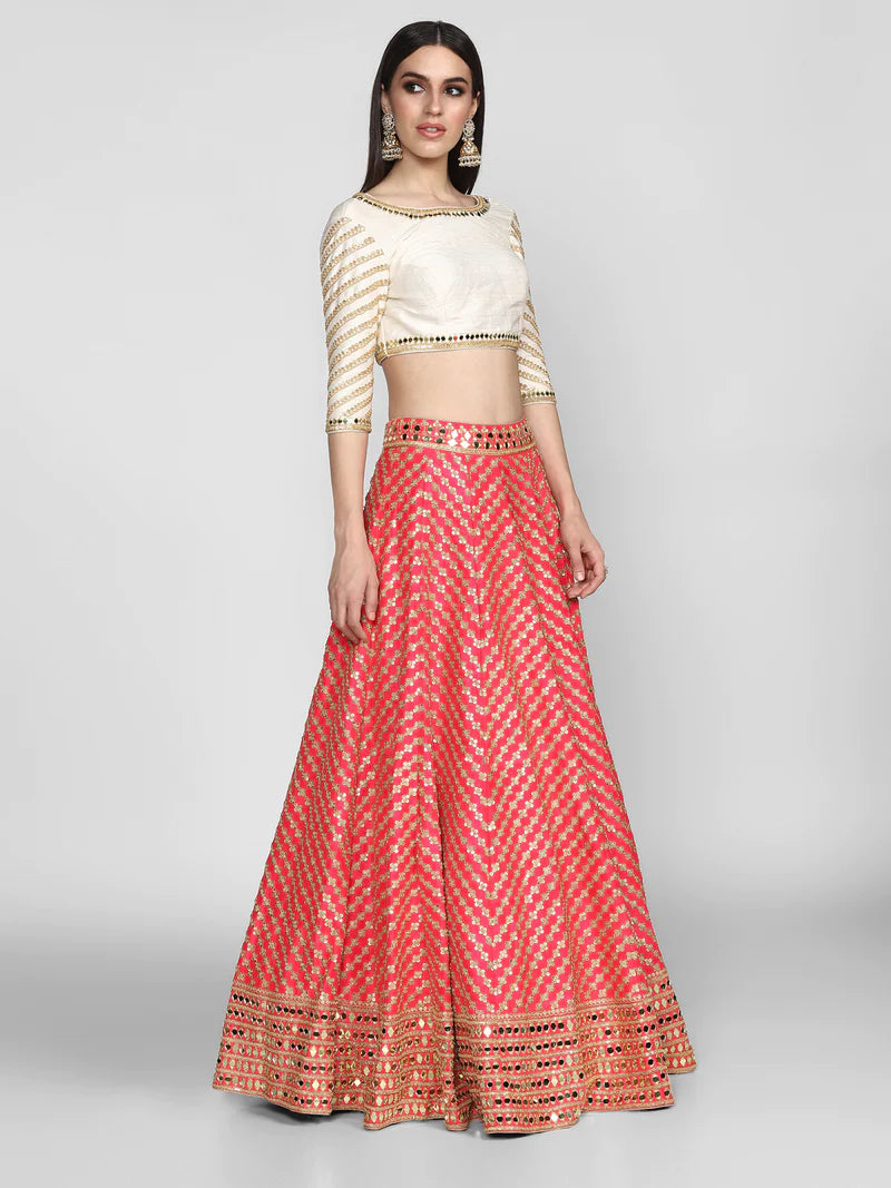 OFF WHITE AND PINK EMBELLISHED LEHENGA SET