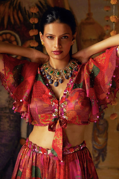 RED LAYERED LEHENGA