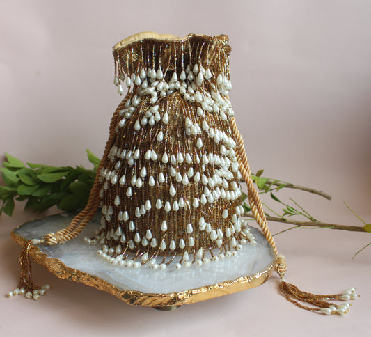 DROOPING PEARLS HAND EMBROIDERED POTLI