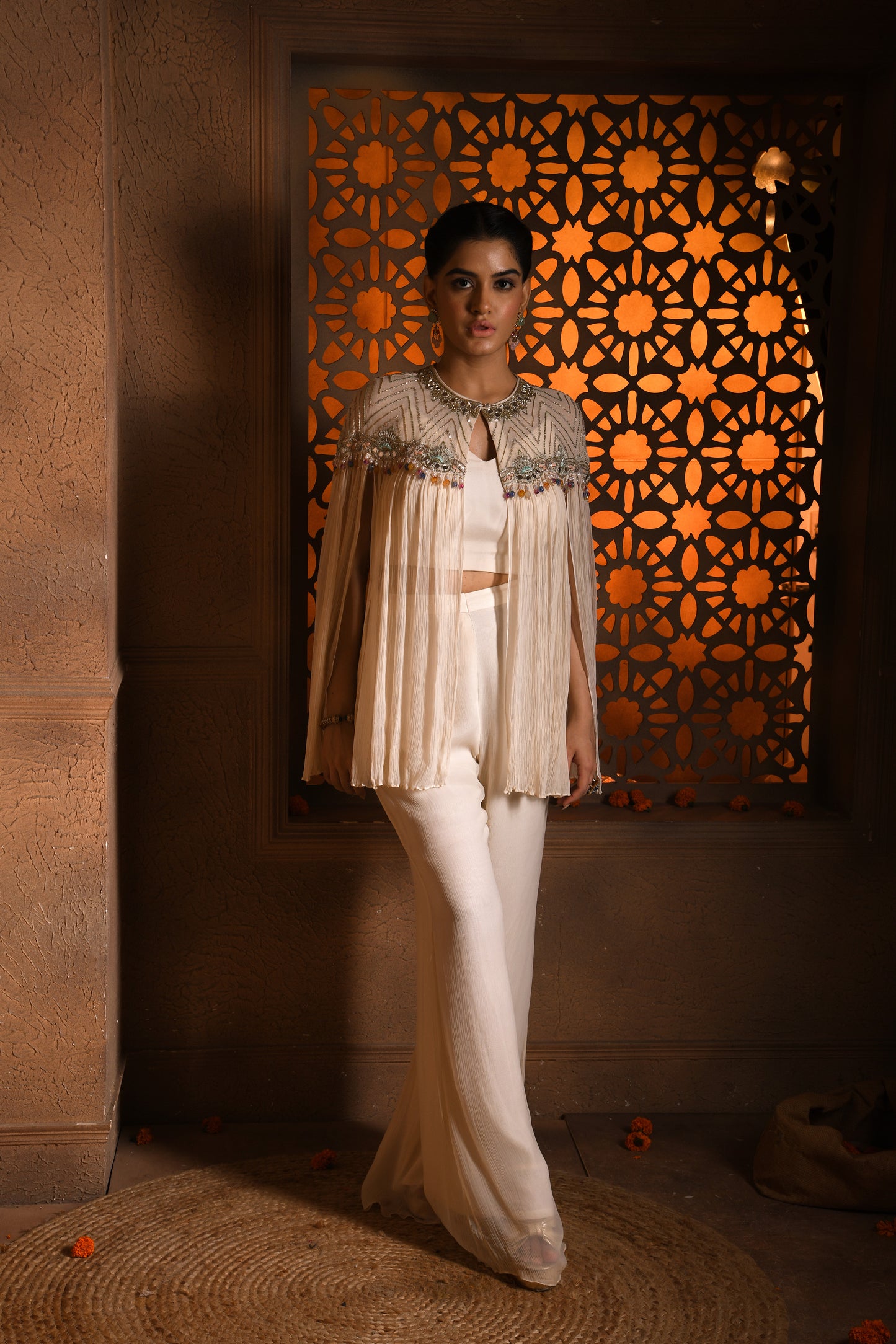 DIVINE EMBROIDERED CAPE PLAZO SET