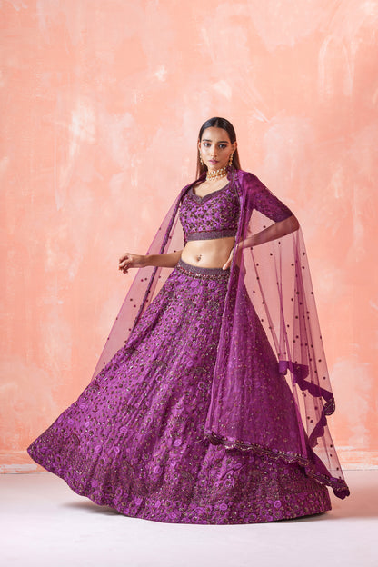 WINE EMBROIDERED LEHENGA SET