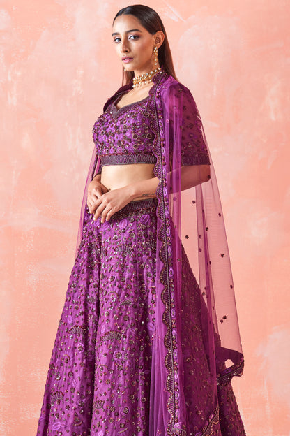 WINE EMBROIDERED LEHENGA SET