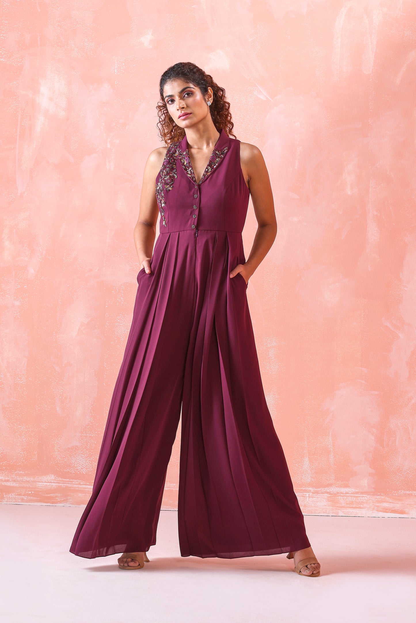 WINE EMBROIDERED JUMPSUIT