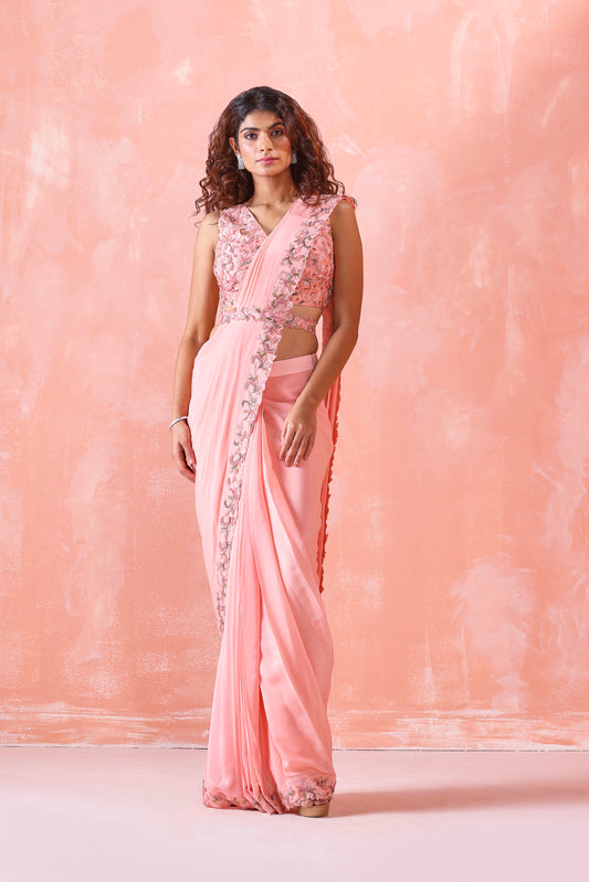 PEACH EMBROIDERED DRAPE SAREE