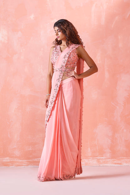 PEACH EMBROIDERED DRAPE SAREE