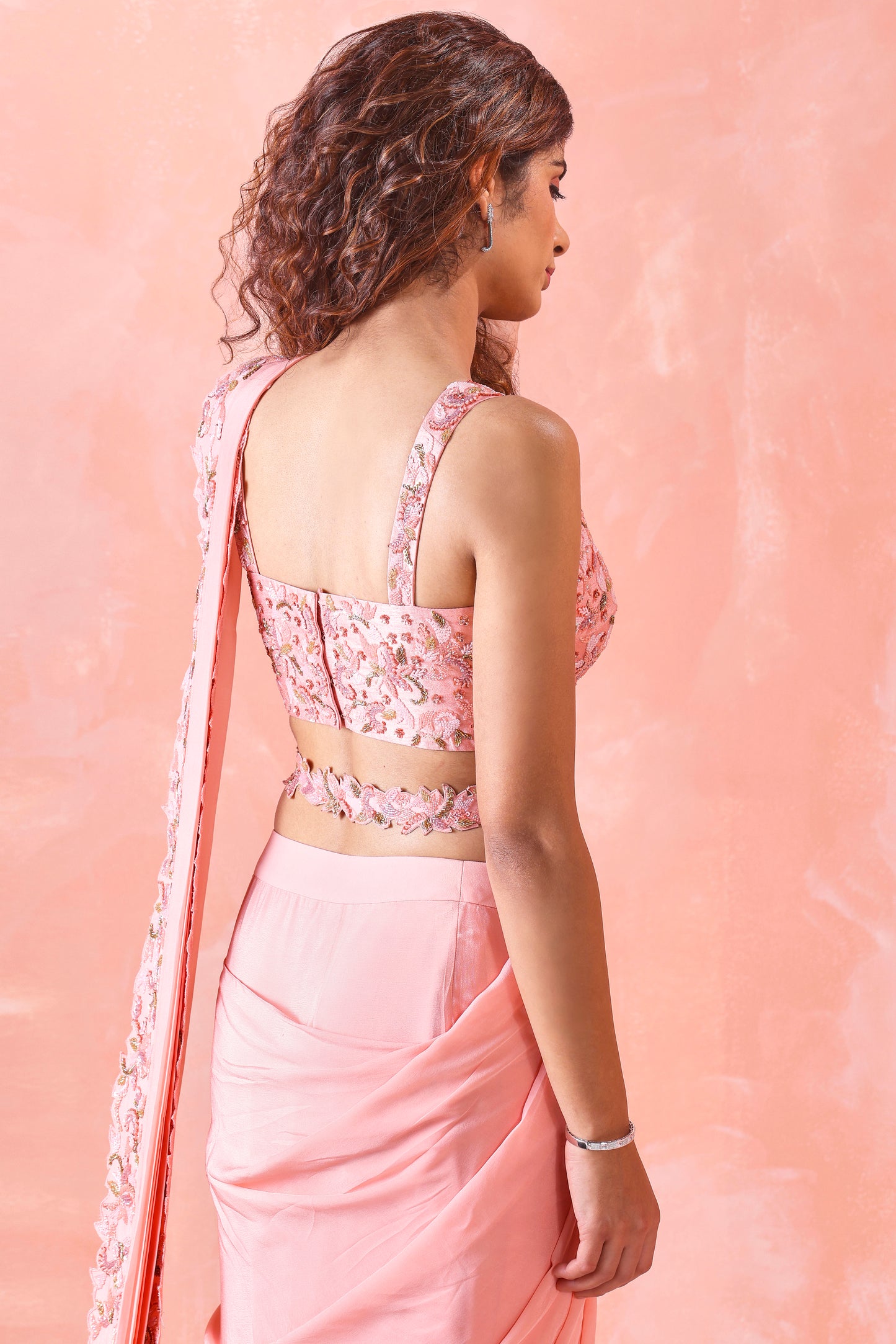 PEACH EMBROIDERED DRAPE SAREE