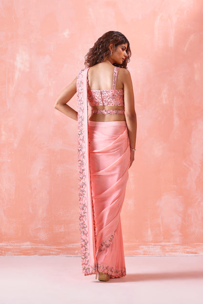 PEACH EMBROIDERED DRAPE SAREE