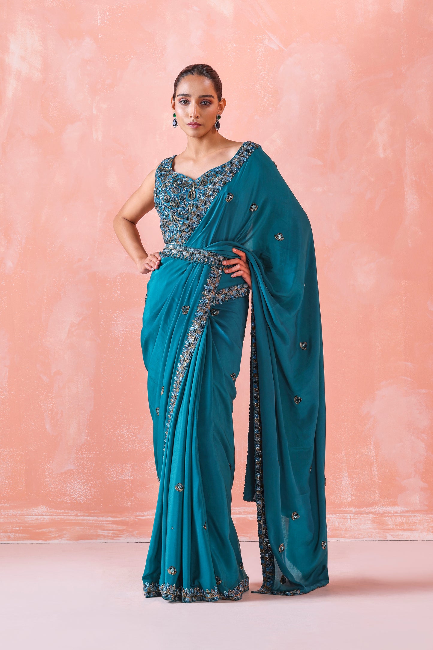 TEAL GREEN EMBROIDERED SAREE WITH BLOUSE