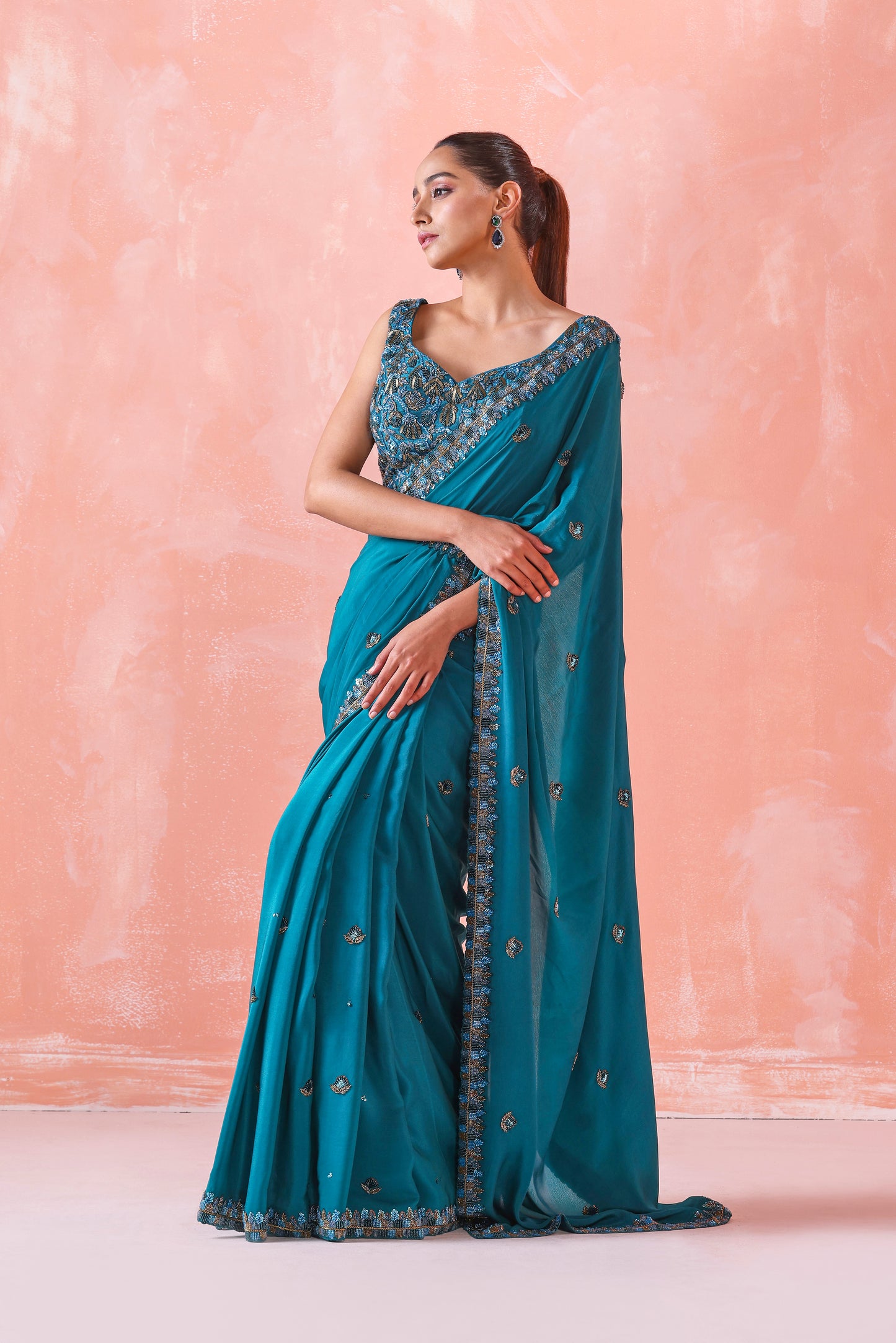 TEAL GREEN EMBROIDERED SAREE WITH BLOUSE