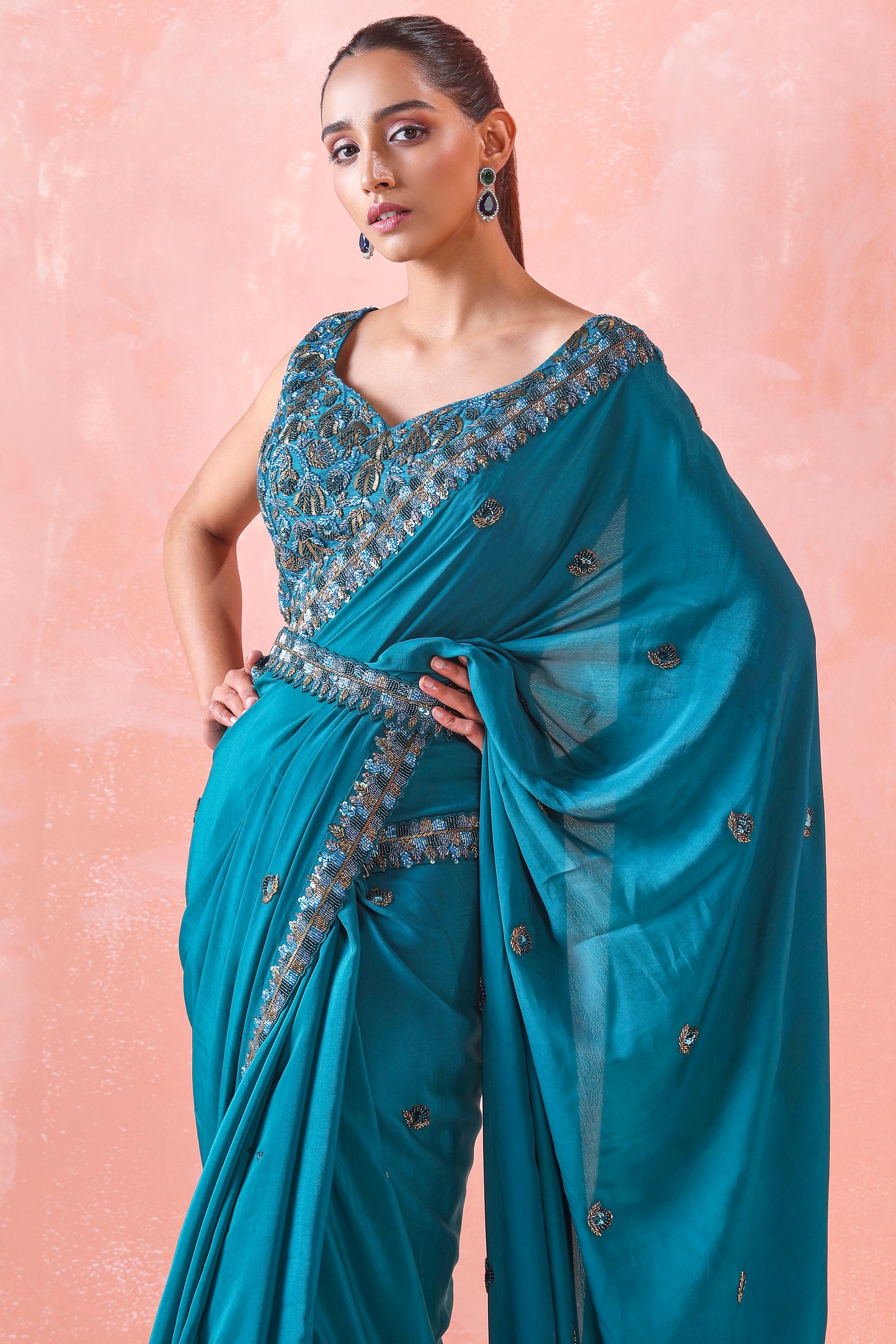 TEAL GREEN EMBROIDERED SAREE WITH BLOUSE