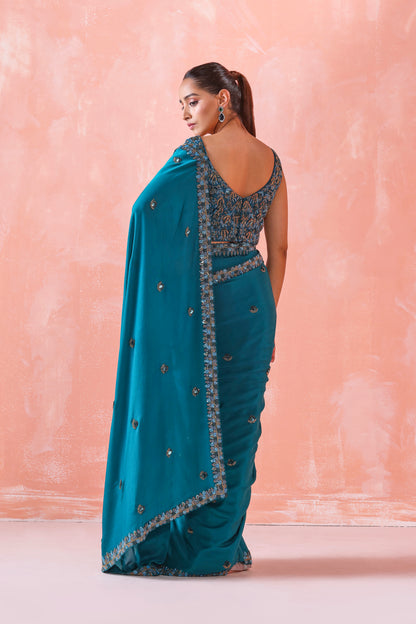 TEAL GREEN EMBROIDERED SAREE WITH BLOUSE