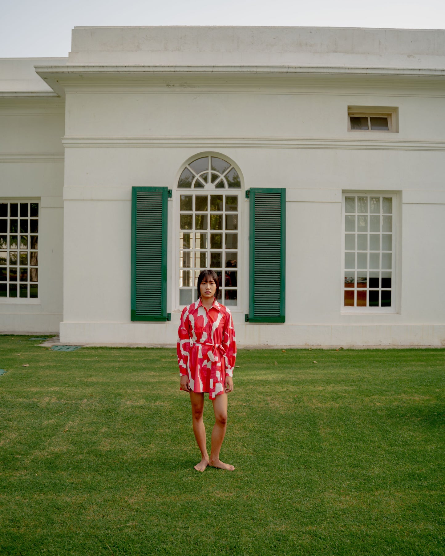 HOT PINK, RED AND BEIGE ABSTRACT SHIRT DRESS