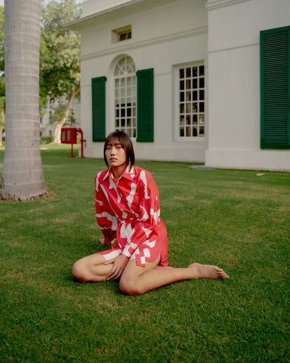 HOT PINK, RED AND BEIGE ABSTRACT SHIRT DRESS