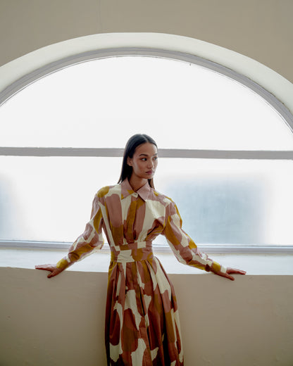 PEACH, MUSTARD AND OFFWHITE SHIRT DRESS