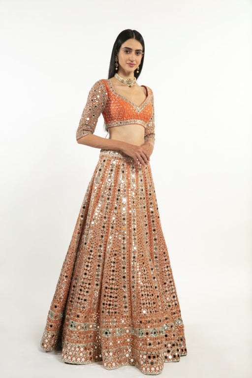 ORGANGE AND IVORY EMBELLISHED LEHENGA SET