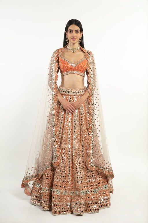 ORGANGE AND IVORY EMBELLISHED LEHENGA SET