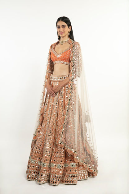 ORGANGE AND IVORY EMBELLISHED LEHENGA SET