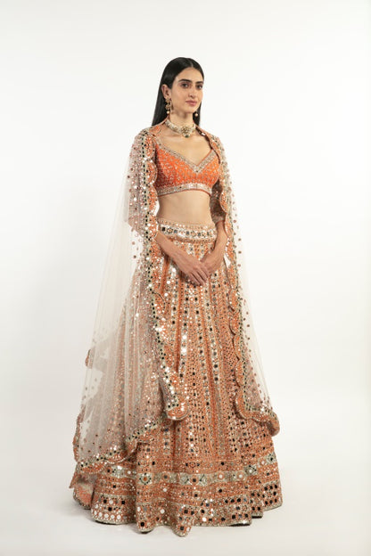 ORGANGE AND IVORY EMBELLISHED LEHENGA SET