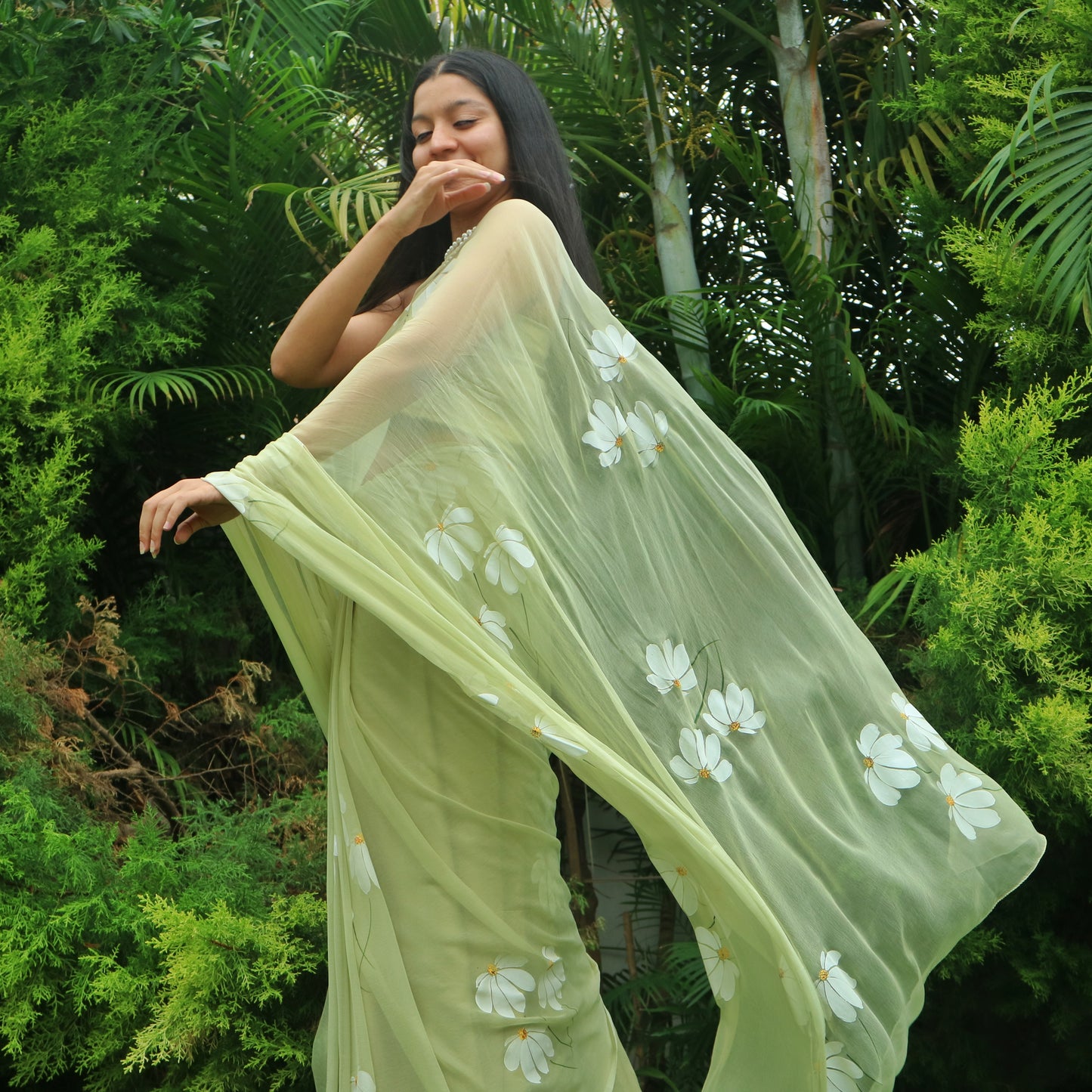 HALF-DAISIES OLIVE GREEN CHIFFON SAREE