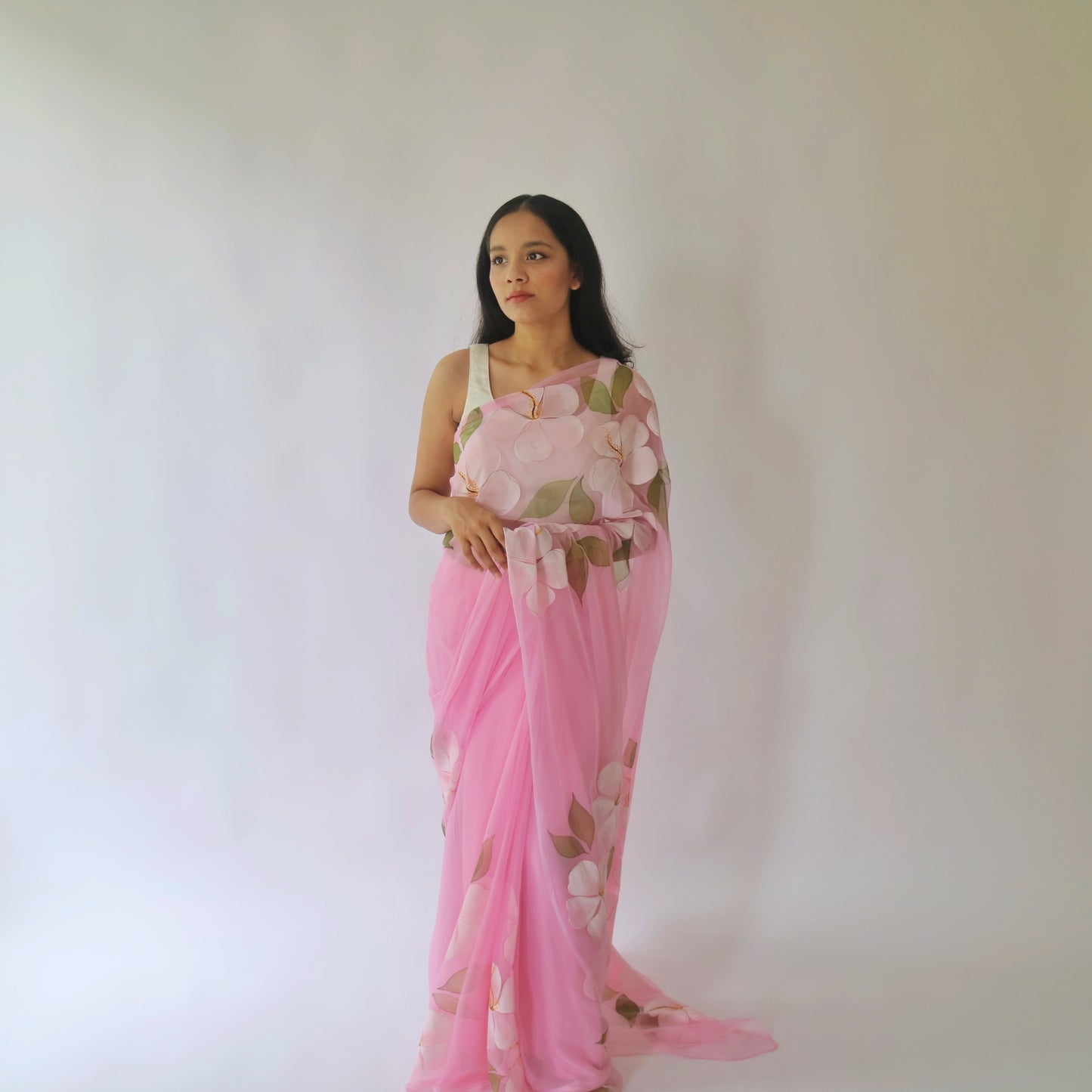 HIBISCUS CHIFFON SAREE IN PINK BASE