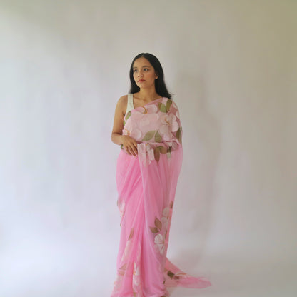 HIBISCUS CHIFFON SAREE IN PINK BASE