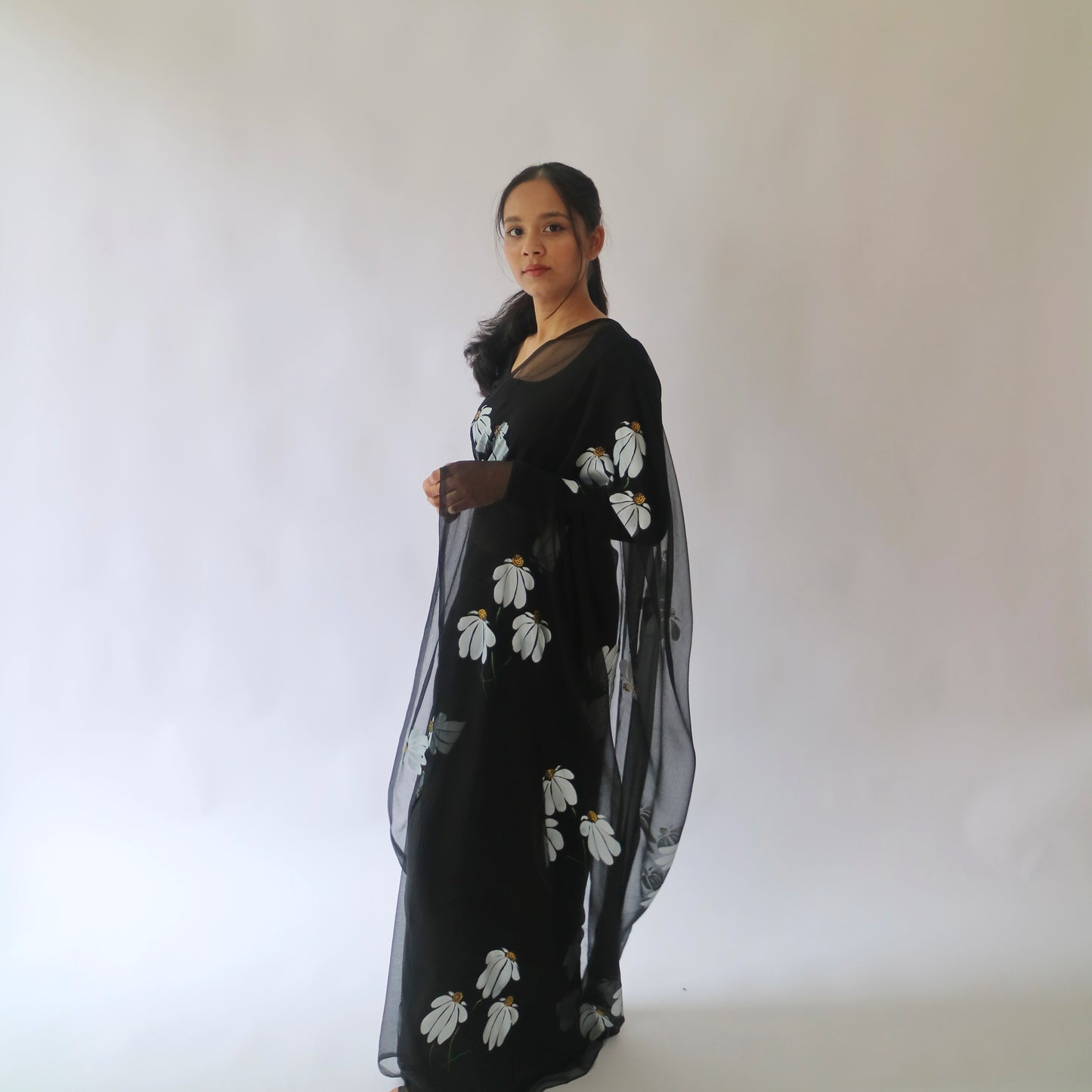 HALF-DAISIES CHIFFON SAREE IN BLACK