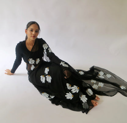 HALF-DAISIES CHIFFON SAREE IN BLACK