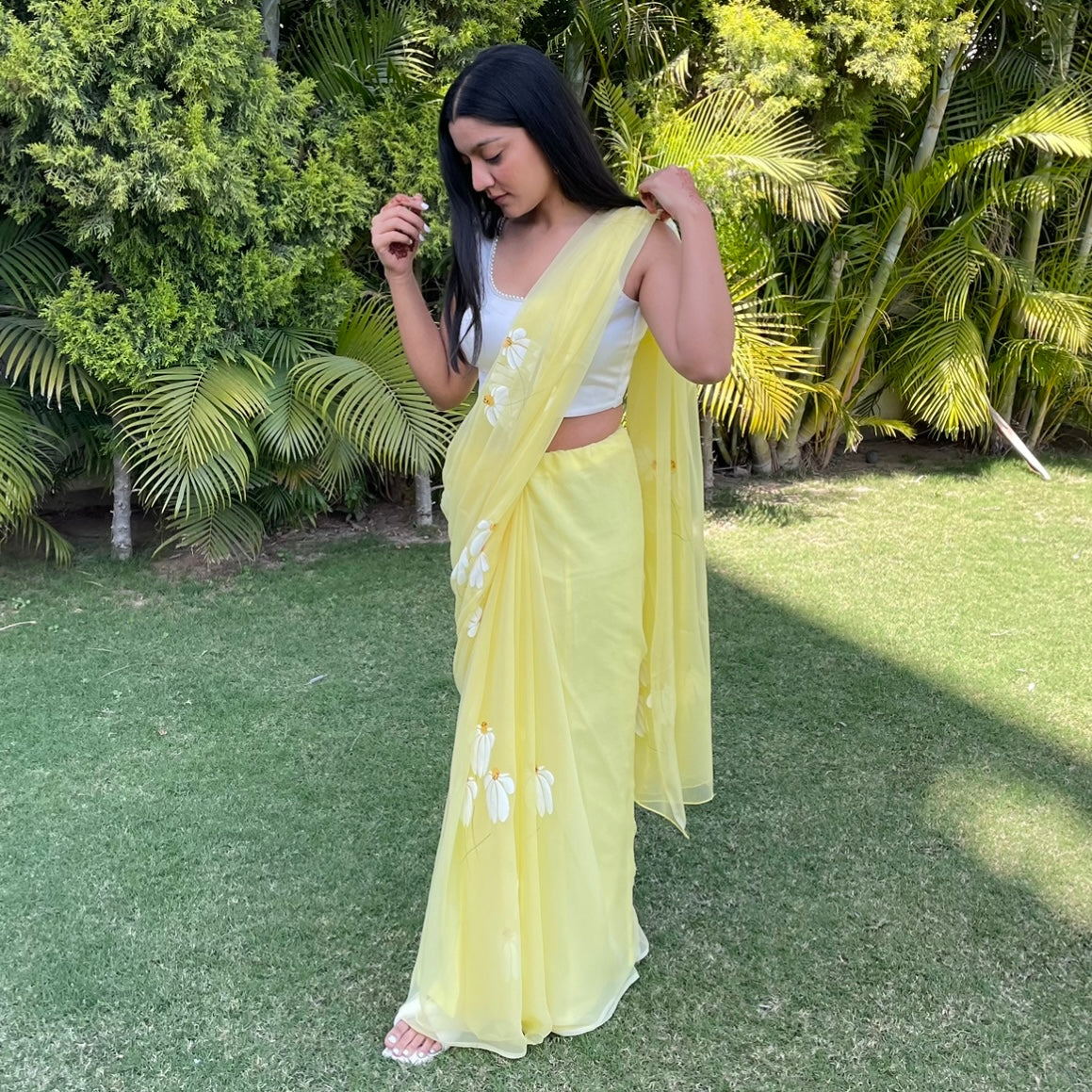 HALF-DAISIES CHIFFON SAREE IN YELLOW