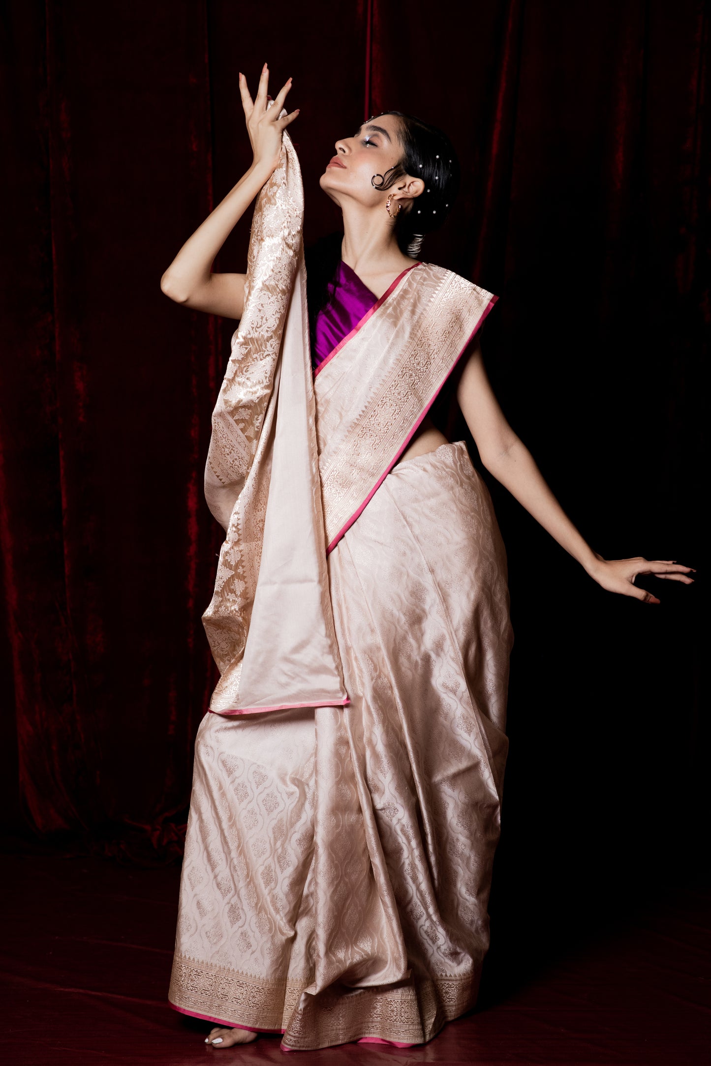 WHITE SATIN SILK TANCHOI SAREE