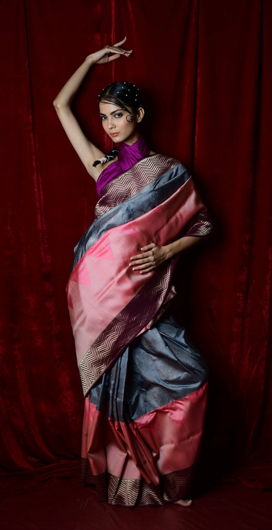 GREY BODY & PINK BORDER KATAN SILK SAREE