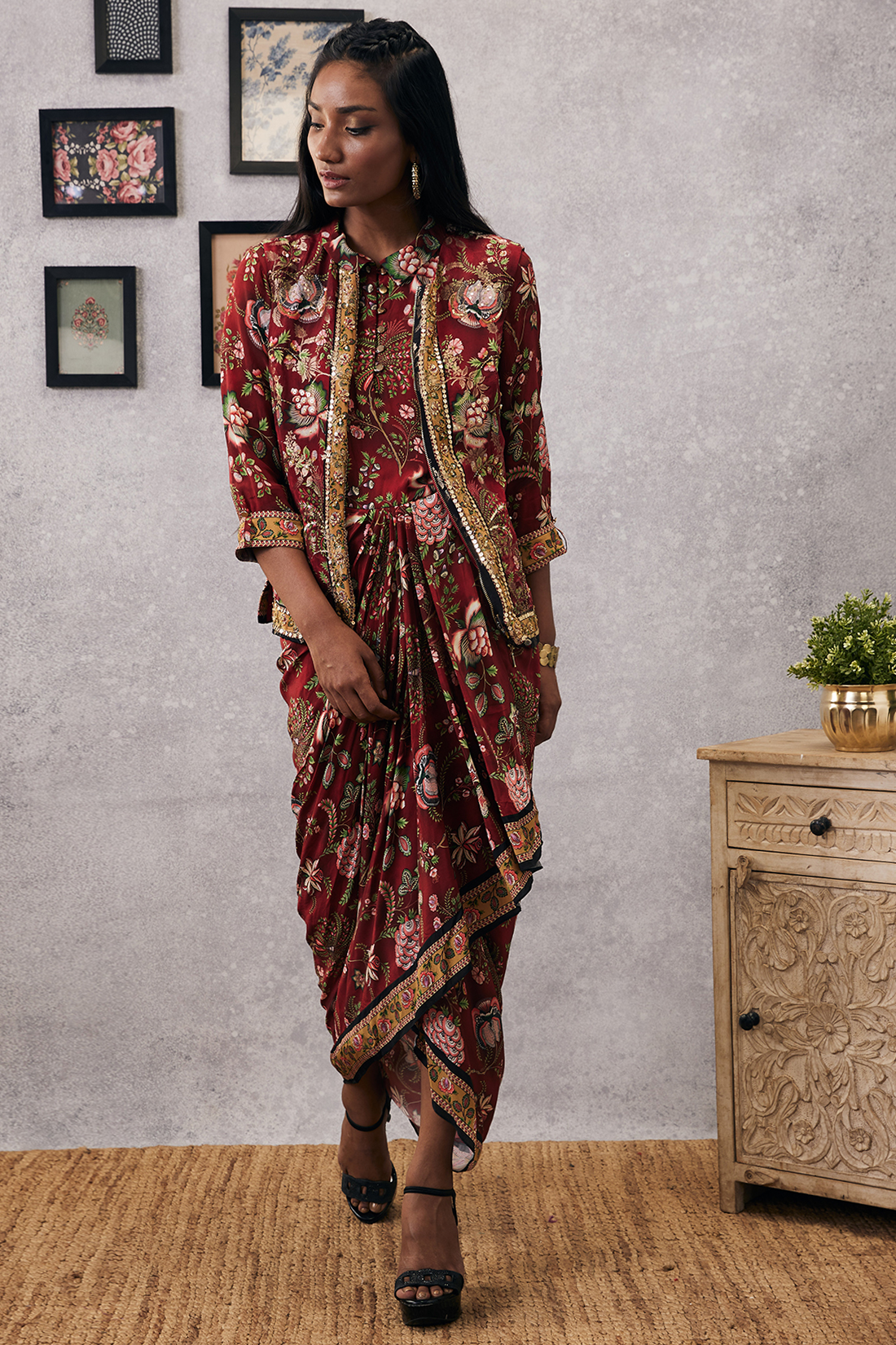 MEHR PRINTED DRAPE DRESS WITH JACKET