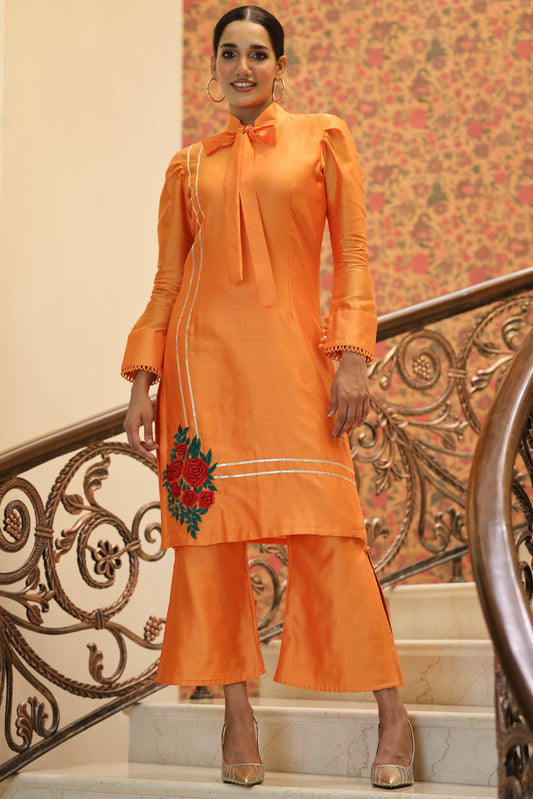 ORANGE TIE NECK KURTA SET