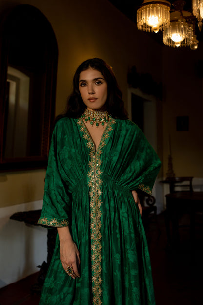EMERALD GREEN SELF WOVEN KAFTAN SET
