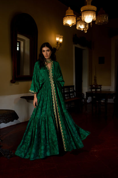 EMERALD GREEN SELF WOVEN KAFTAN SET