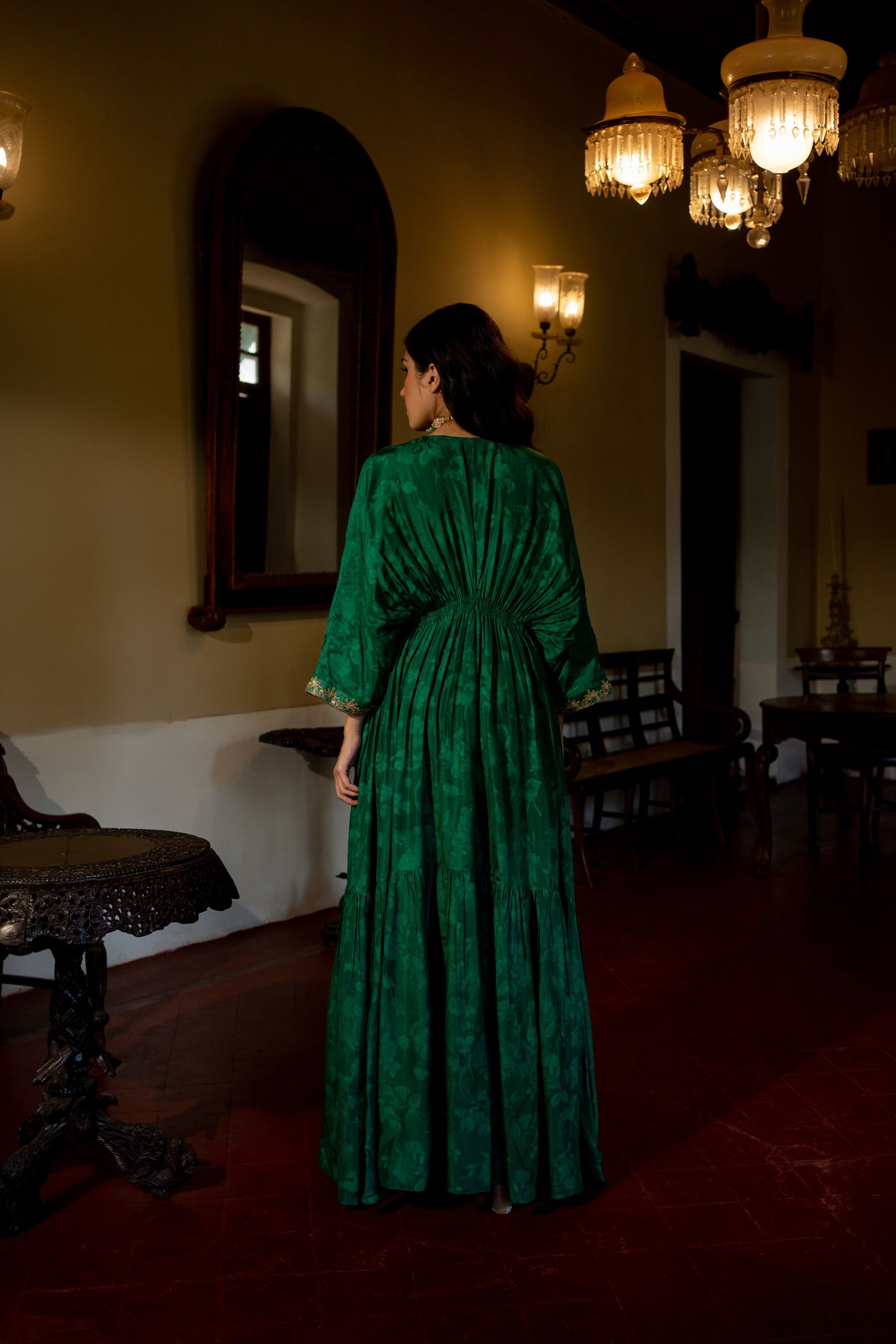 EMERALD GREEN SELF WOVEN KAFTAN SET
