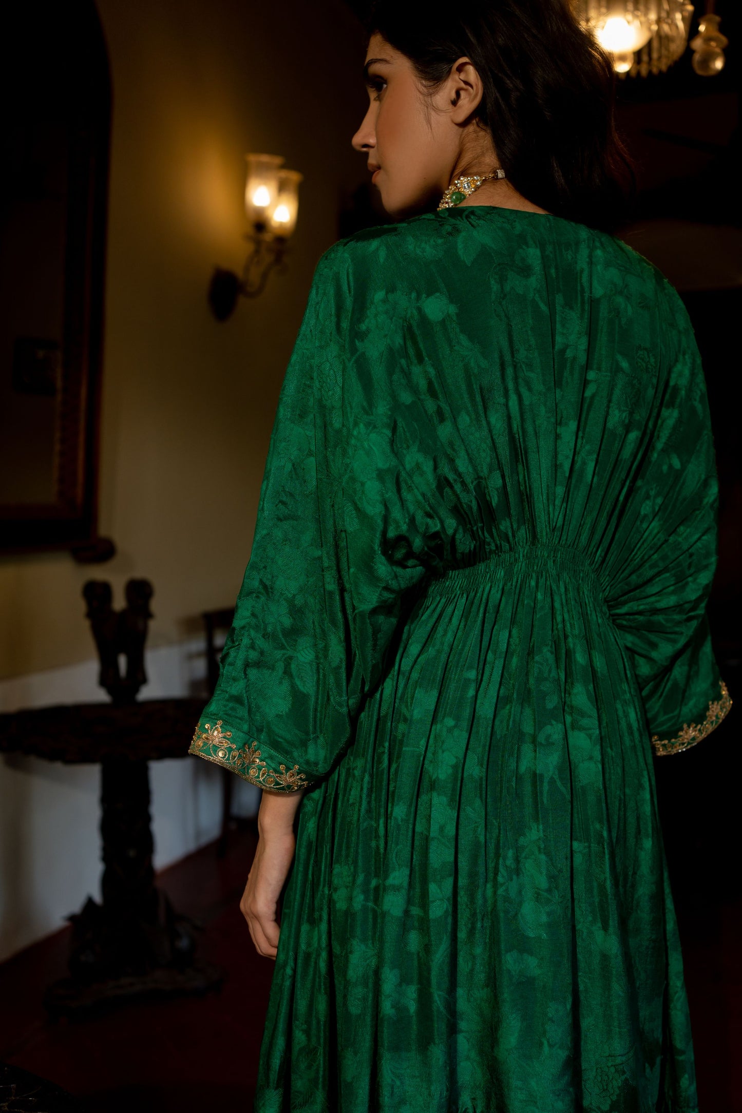 EMERALD GREEN SELF WOVEN KAFTAN SET
