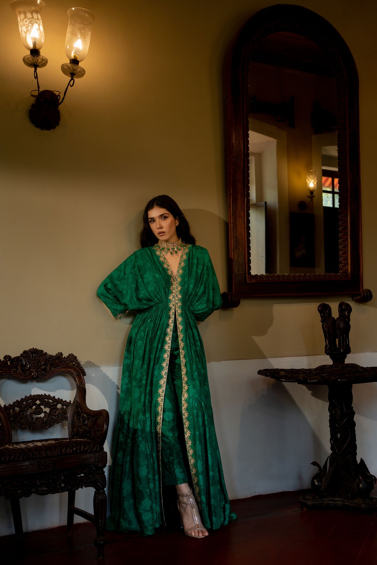 EMERALD GREEN SELF WOVEN KAFTAN SET