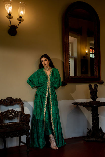 EMERALD GREEN SELF WOVEN KAFTAN SET