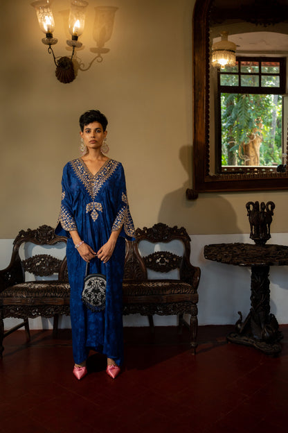 ROYAL BLUE SELF WOVEN KAFTAN