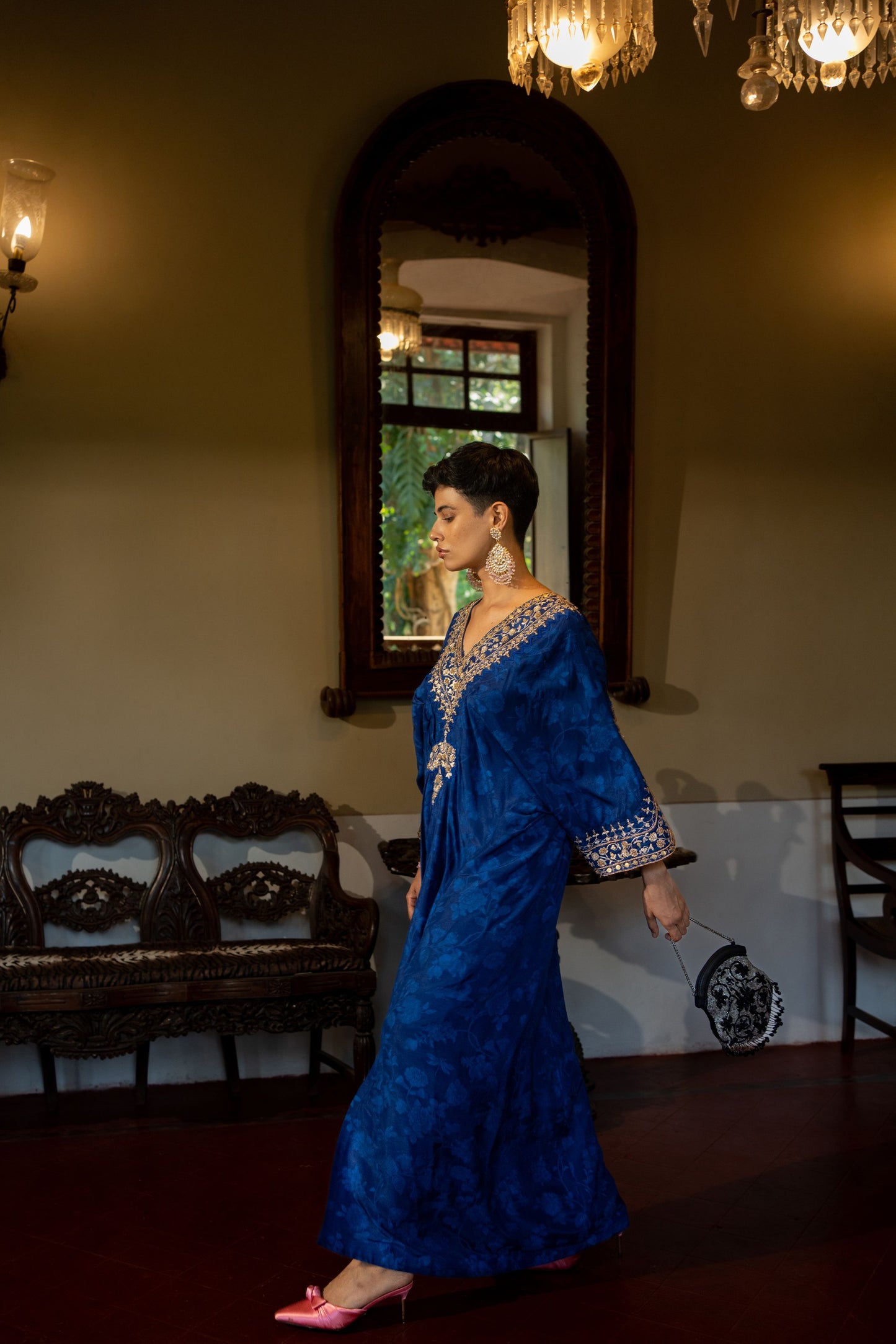 ROYAL BLUE SELF WOVEN KAFTAN