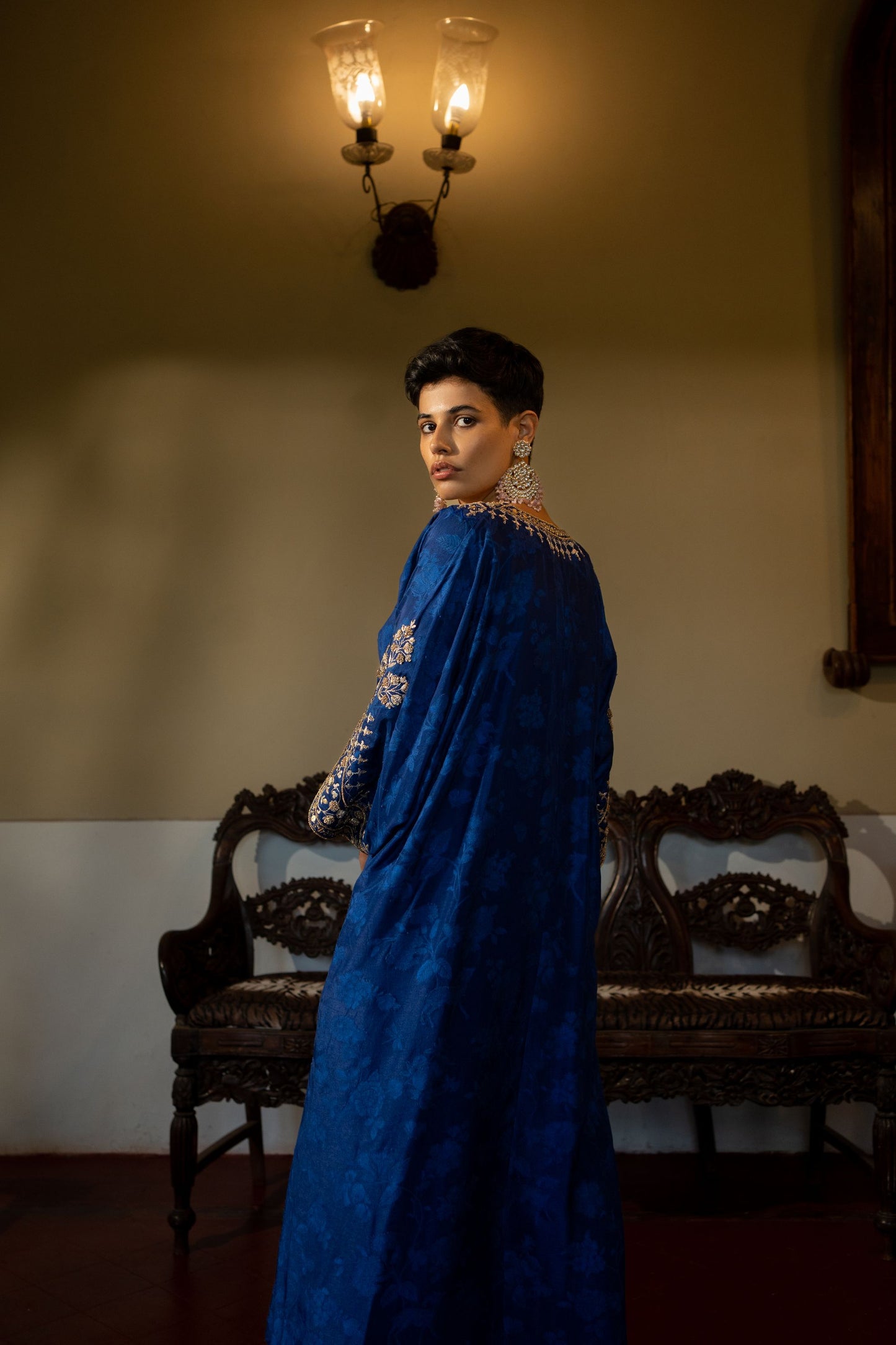 ROYAL BLUE SELF WOVEN KAFTAN